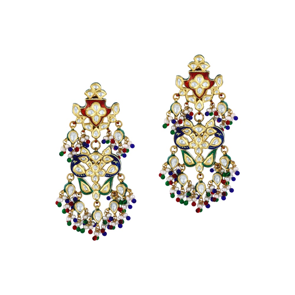 Polki Earrings with Multicoloured Enamel, Beads and Pearls